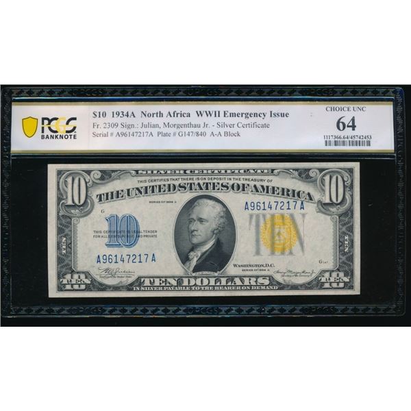 1934A $10 N Africa Silver Certificate PCGS 64