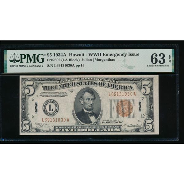 1934A $5 Hawaii FRN PMG 63EPQ