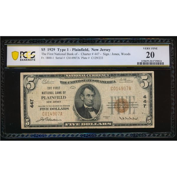 1929 $5 Plainfield NJ National PCGS 20