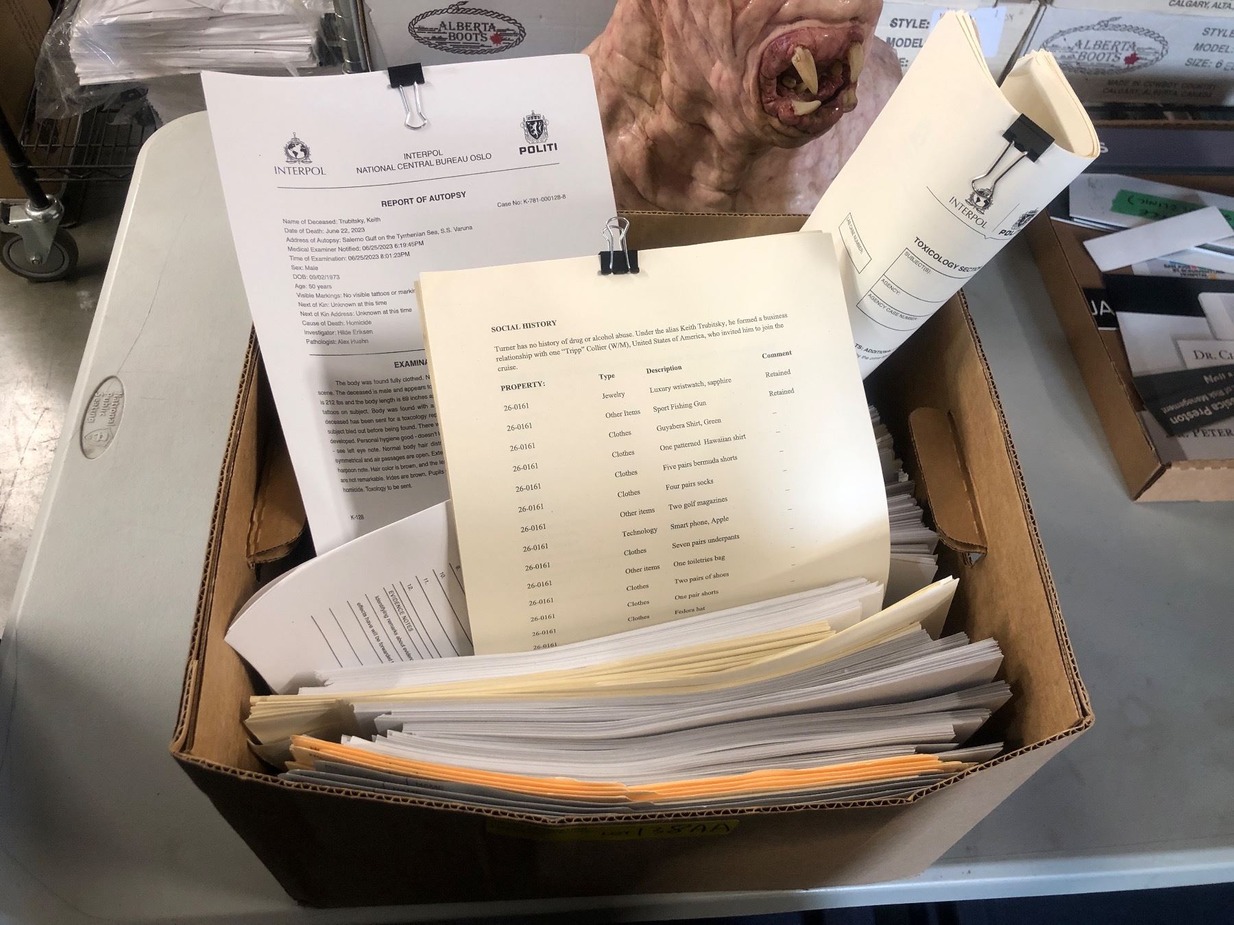 Section Paperwork Box full of Interpol Politi paperwork - Evidence forms, Autopsy reports ...