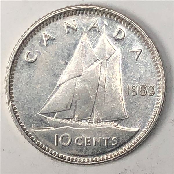 Canadian .10 Cent Dime 1953 AU SF