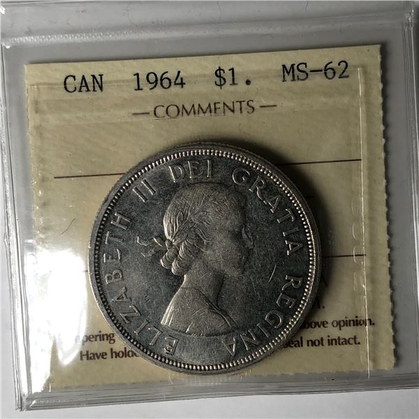 1964 Queen Elizabeth II Canadian Silver Dollar ICCS-MS-62