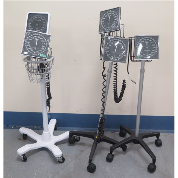 Qty 3 Rolling Pole Stands w/ Baskets & 5 Blood Pressure Meters: Welch-Allyn & Tycos