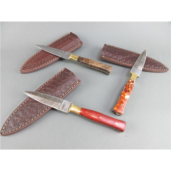 3 Damascus Knives With Basket Stamped Sheaths- 4" Blades- 4.25" Handle
