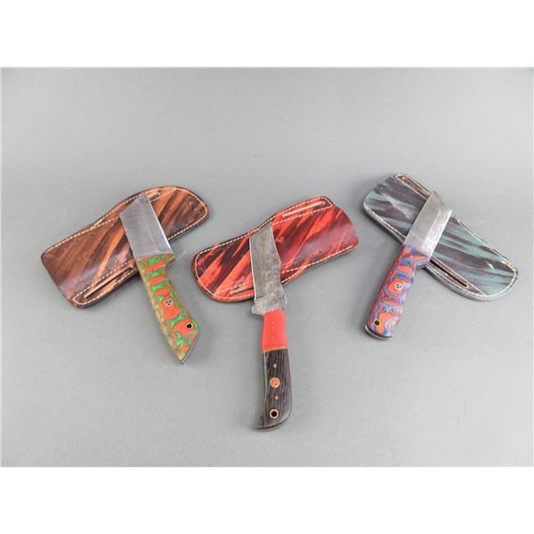 3 Damascus Knives With Sheaths- 3.75" Blades- 4.5" Handles