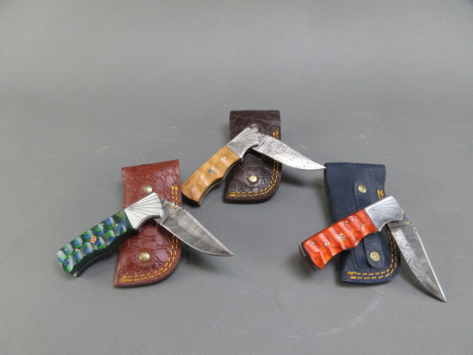 Set of 3 Premium Tactical Folding Knives with Damascus Steel Blades main image 0