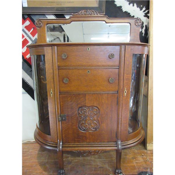 1900's  Curved Glass Carved Oak Server- Beveled Mirror Back Splash- All Original- Great Condition