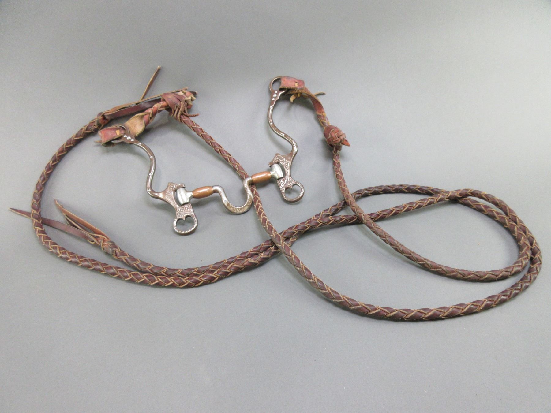Inlaid Dotted Loose Jaw High Port Bit With Braided Leather Reins- Marked FG