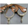 Image 8 : Unmarked Double Mounted Silver Overlaid Spurs With Mexican Silver Coin Buttons- 1.25" Bands- 1.25" S