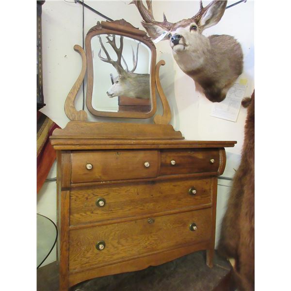 Oak Dresser With Beveled Mirror- Carved- Original Hardware- Dovetailed- 34"H X 42"W X 23"D Without M