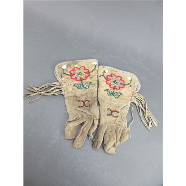 Vintage Beaded And Fringed Native Gauntlets- Cloth Lined- 11" X 5"- Well Used Condition