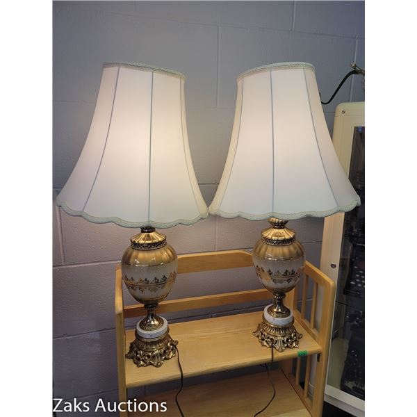 Pair of Vintage Gold Trimmed Ornate Table Lamps with Fringed Shades