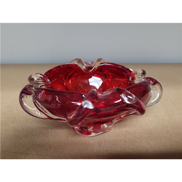 Mid Century Red Clear Waves Thick Glass Ashtray