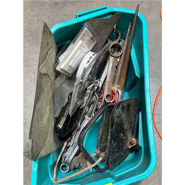 Misc bin with mirrors, wrenches, soldering gun, smoke detector, light switch, misc metal pieces