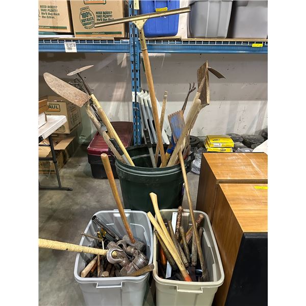 x3 Bin lot - Misc hand tools including sledgehammers, shovels, rakes, hoes, weed puller, sheers, axe