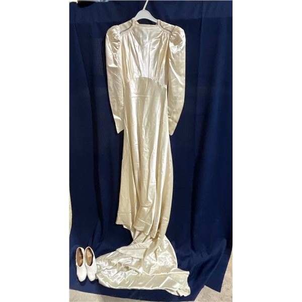 Vintage Wedding Dress and Shoes with Framed Wedding Memorabilia