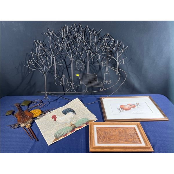 Collection of Indoor Wall Decor includes Metal Wire Art, Embossed Leather, Violin Print and more