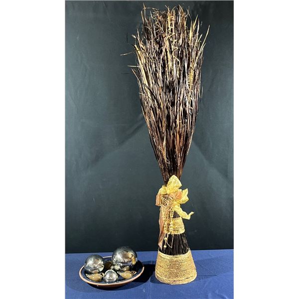 Indoor Decor includes Glass Birds, Mirror Balls, Ceramic Platter and 56 inch Tall Dried Grass