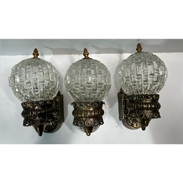 Set of 3 Vintage Brass and Glass Wall Scones