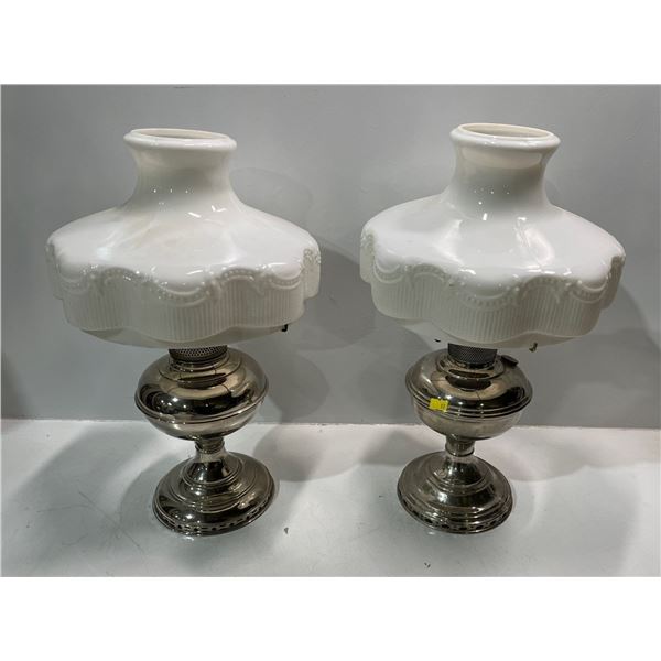 Pair of Oil Lamps with Milk Glass Shades  19H
