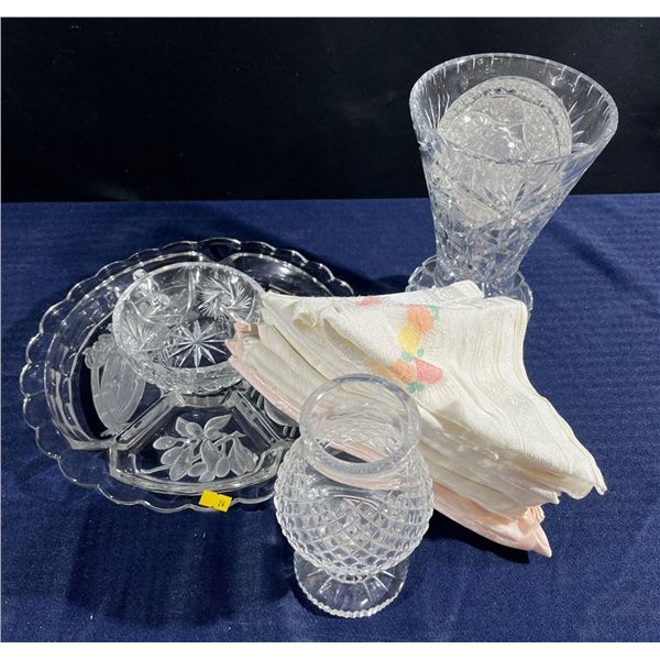Crystal Serving Platter, Crystal Vase & Coasters w/ Vintage Cloth Napkins