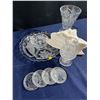 Image 2 : Crystal Serving Platter, Crystal Vase & Coasters w/ Vintage Cloth Napkins