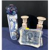Image 1 : Blue & White Ceramic Plate & Vase plus Asian Patterned Candlestick Holders