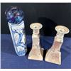 Image 2 : Blue & White Ceramic Plate & Vase plus Asian Patterned Candlestick Holders