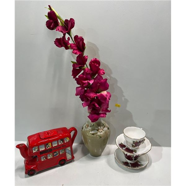 Ceramic Vase, Vintage Nabob Deluxe Bus Teapot and Teacup and Saucer Set