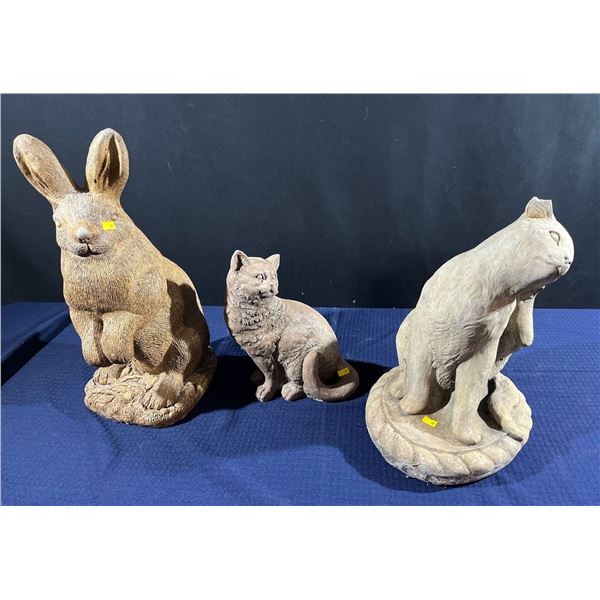 Three Large Heavy Garden Statues  Two Cats & A Bunny  12"-20" tall