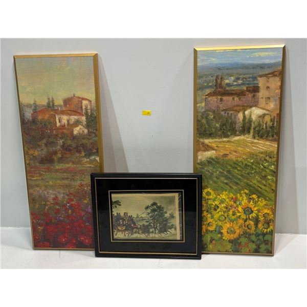 Pair of Tuscan Themed Wall Art 8Wx25H plus Framed Needlework 7Wx4.5H