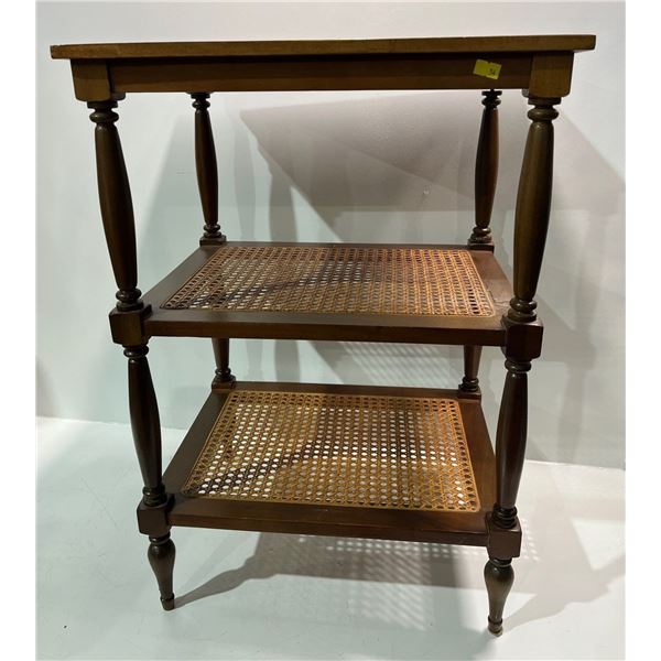 Vintage Three Tier Cane and Wood Side Table 19Wx15Dx26.5H