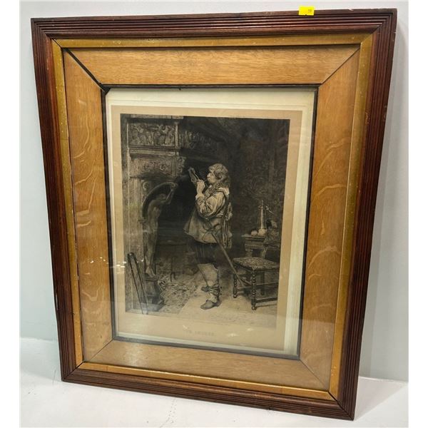 P Rajon Etch "The Smoker"  13.5Wx18H  light marks on paper, frame & matting need repairs