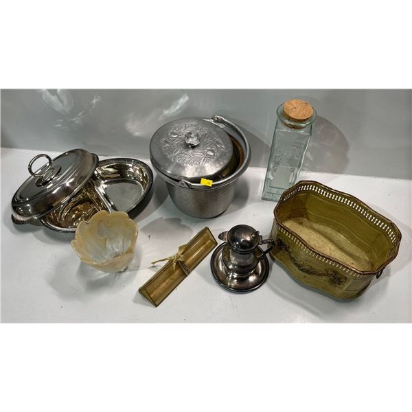 Collection of Serving Dishes and Decor includes Ice Bucket, Silver Plated Dish & Creamer and more