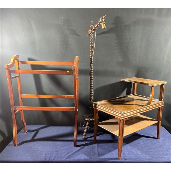 Vintage Wooden Storage (damaged leg with attempted repair), Side Table (needs repairs), Lamp Stand