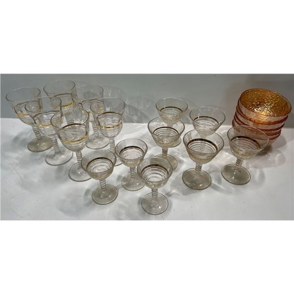 Vintage Beehive Stem Glassware & Six Amber Glass Bowls