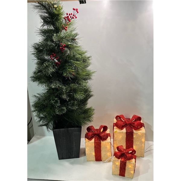 Light Up Christmas Present Decorations (works) & Battery-Powered Light Up Tree 4ft (not tested)