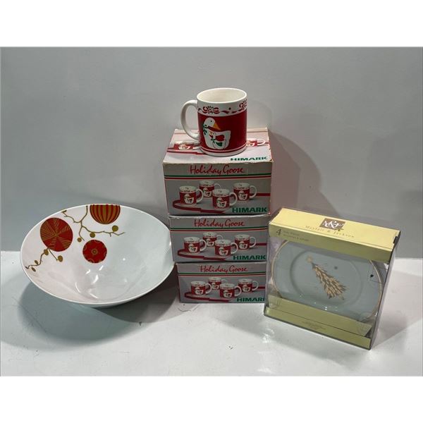 Holiday Goose Mugs (12), Tree Side Plates (4), Large Christmas Ornament Serving Bowl