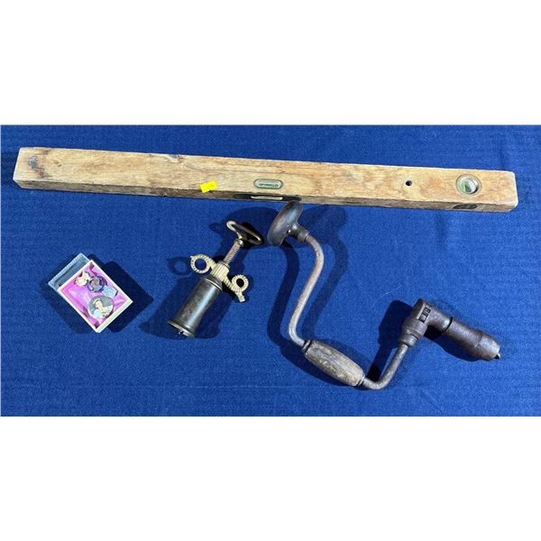 Antique Level, Hand Drill, and Corkscrew plus Queen Elizabeth Pins