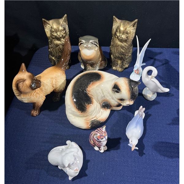 Collection of Brass and Ceramic Cat and Bird Figurines brands include Goebel, B&G, Lladro and more
