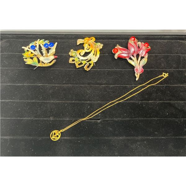 Colourful Vintage Brooches and a Delicate "Gold" Chain with Heart & Arrow Pendant