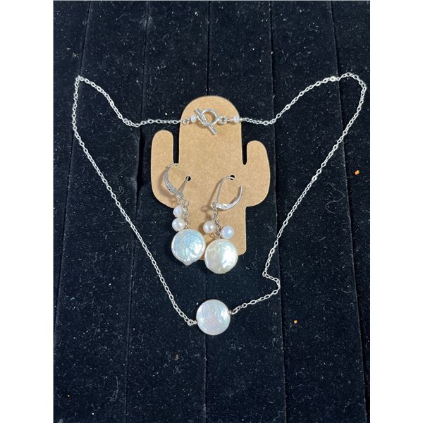 Single Flattened Pearl Necklace with Matching Earrings