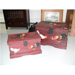 Set of 2 hand-painted wood trunks with chickens (2)