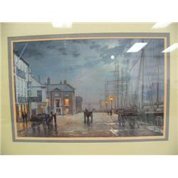 Print of and early dock scene with sailing ships tied to dock done by Rodney Charmag done in 1983- t