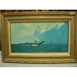 Print on canvas by Syndey Lawrence of 3 Tlingit-Haida war canoes with mountains in background- 21" x