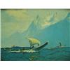 Image 2 : Print on canvas by Syndey Lawrence of 3 Tlingit-Haida war canoes with mountains in background- 21" x