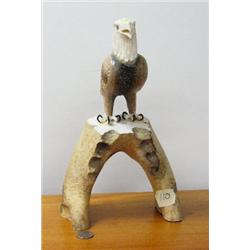 Ivory and whale bone eagle mounted don walrus jaw bone- 11" height, 9" length, by Aningayou (2)