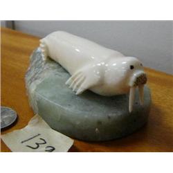 4" ivory walrus by Mark Seeganna mounted on soapstone base (2)