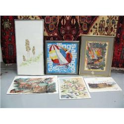 Lot of 6 pictures: 2 original water colors by Benjamin Downs, print by Kathleen Lynch, original by S