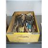 Image 1 : Old Pepsi box full of antique utensils with yellow and blue painted handles, and an African basket (